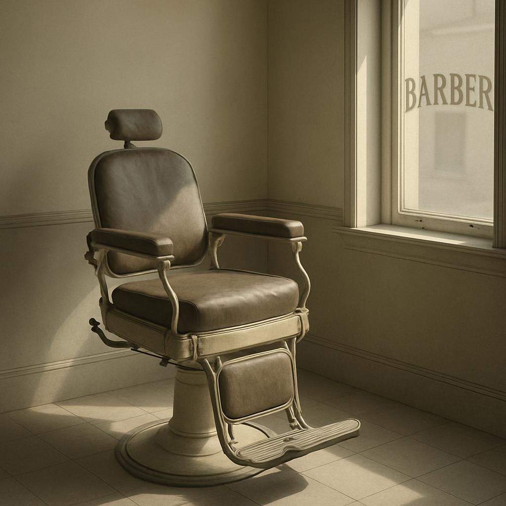 A sepia-toned photograph of an empty barber chair in a corner of a room, with sunlight streaming through a window bearing ...