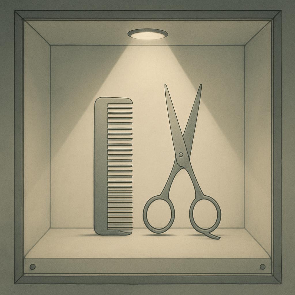 A pair of scissors and a comb in a box with a light pointing on them.