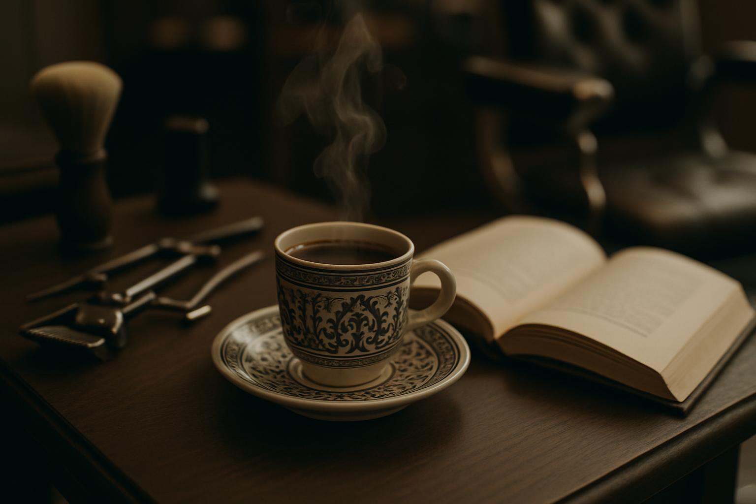 An ornate coffee cup adorned with blue and gold designs, sitting on a saucer next to an open book with a smoldering hot be...