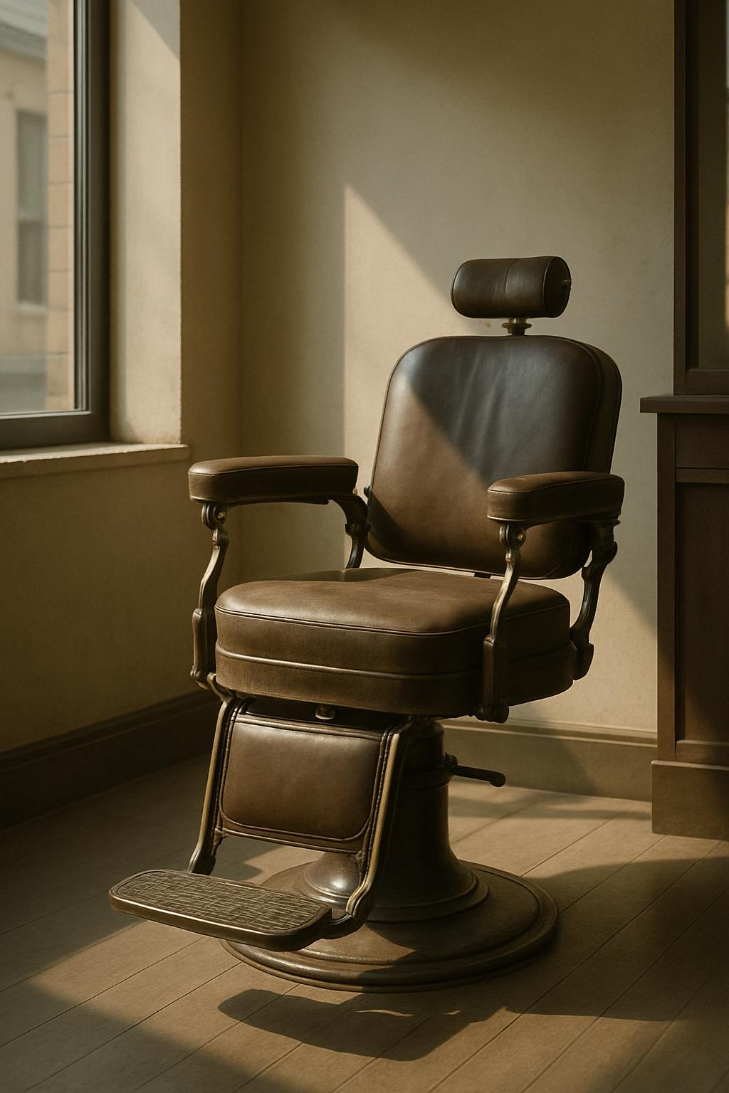 A barber's chair sits in a salon, featuring black leather upholstery and a black and metal construction, accompanied by a ...