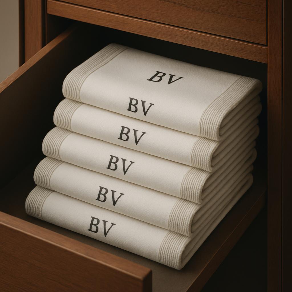 A stack of five white towels neatly folded and stacked in a brown wood drawer. The towels have "BV" embossed at the top an...