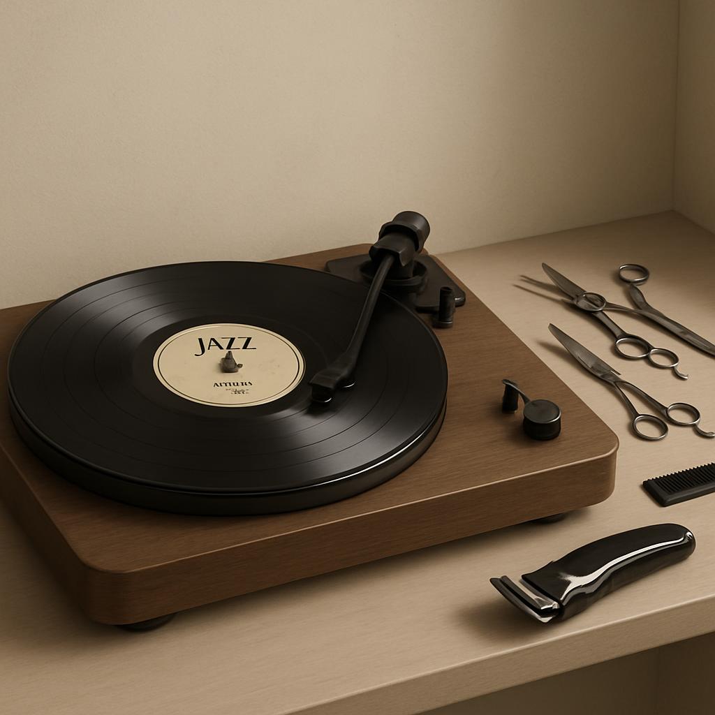 A record player on a table with various grooming tools laid out.