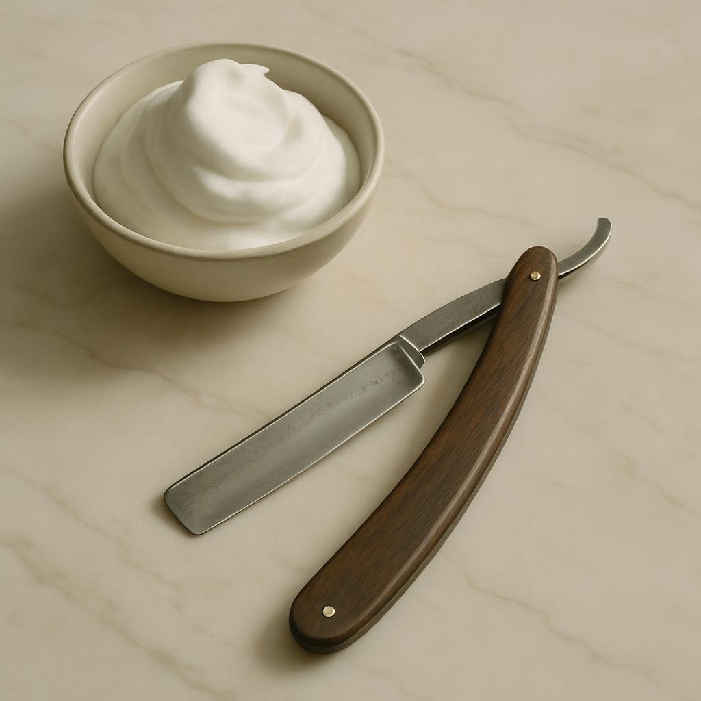 The image shows a straight razor and a bowl of shaving cream on a marble countertop. The purpose of the image is to showca...