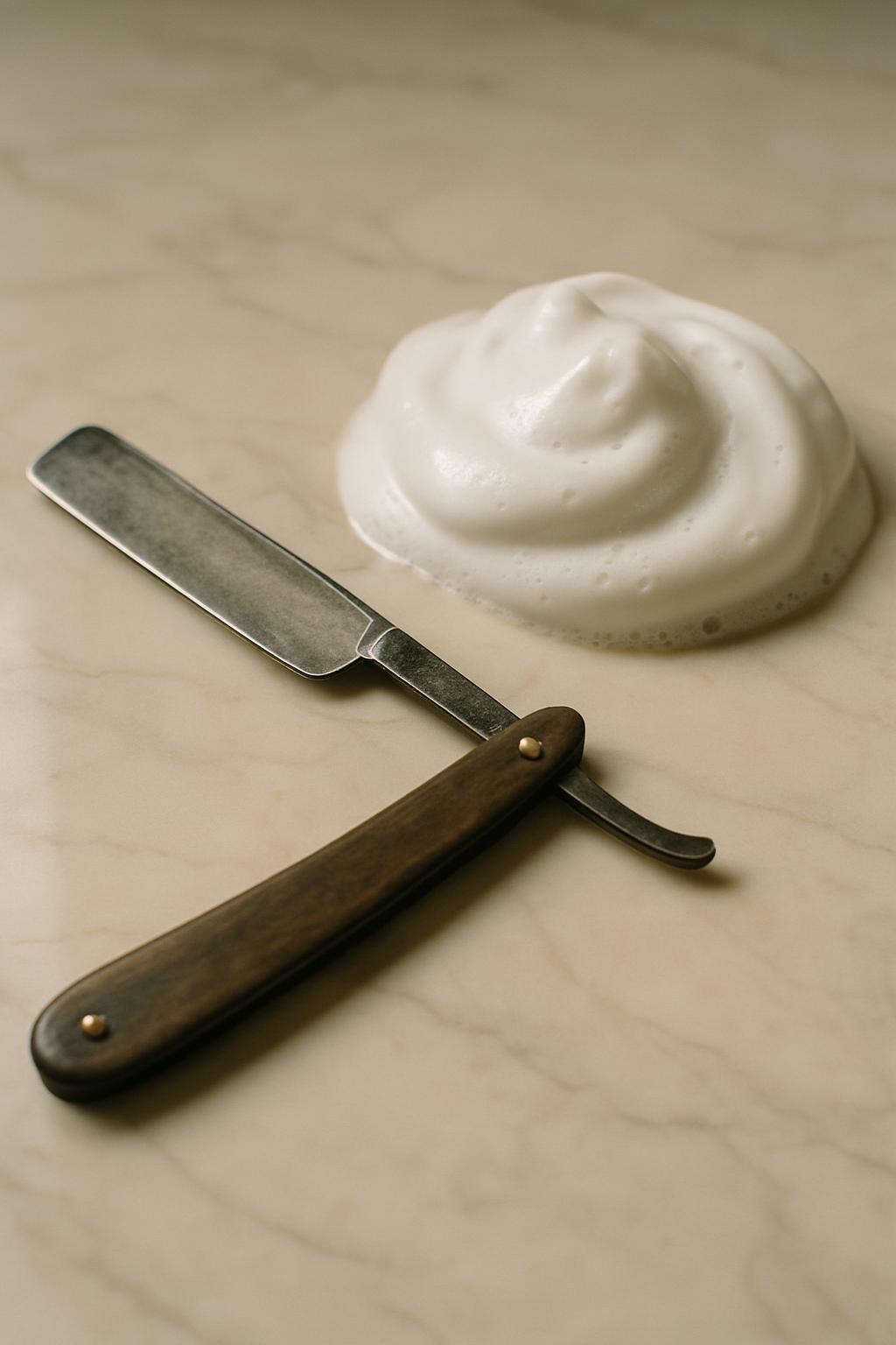 Here is the alt text for the image: A vintage straight razor and a small amount of shaving cream rest on a marble countert...