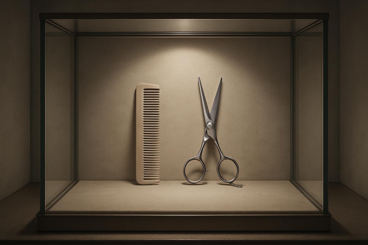 "A pair of silver-colored hair cutting scissors and a wooden comb are displayed in a glass display case with soft, white l...