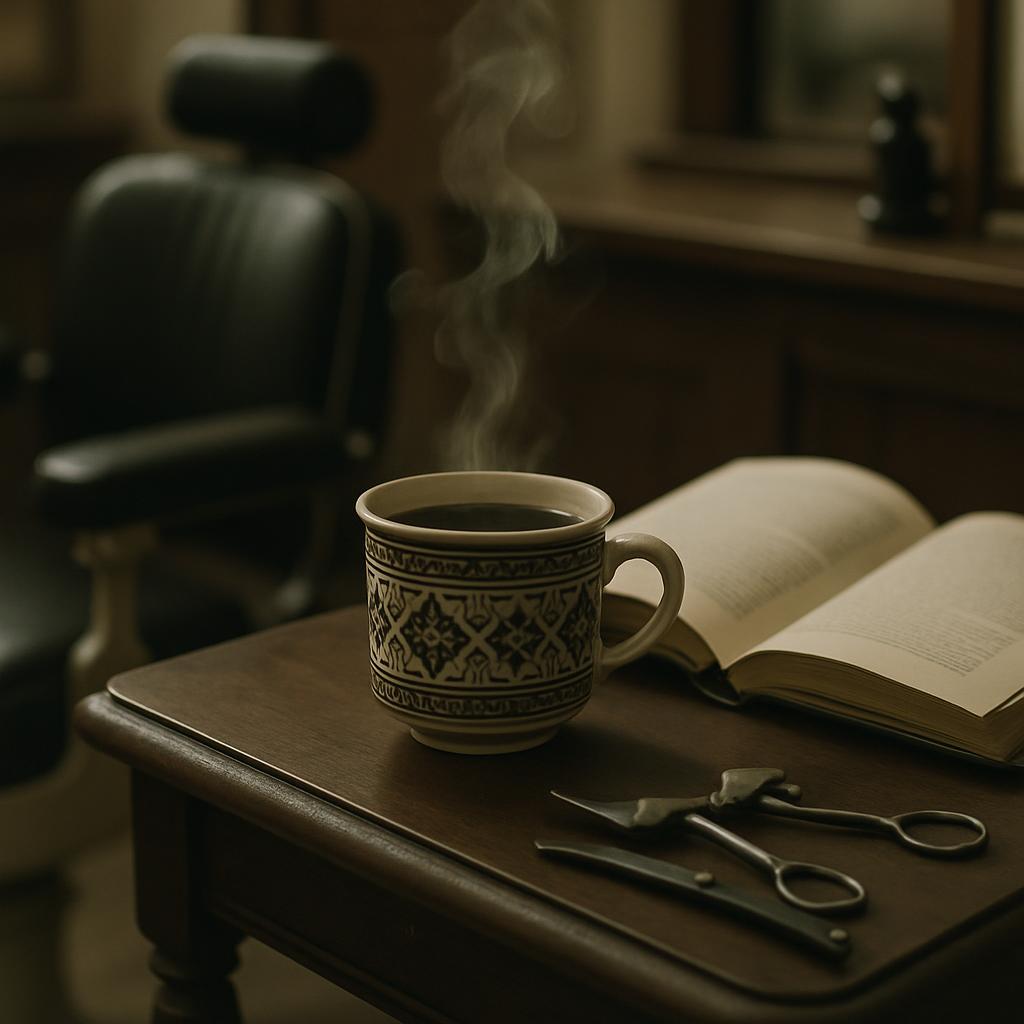 Coffee cup on wood table, leather chair, open book, scissors, open book, cup of hot liquid, and a book open flat on a dark...