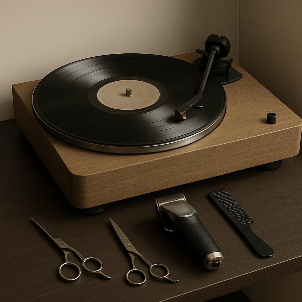 A vinyl record plays on a wooden record player beside a pair of metal scissors, barber shears, an electric hair clipper, a...