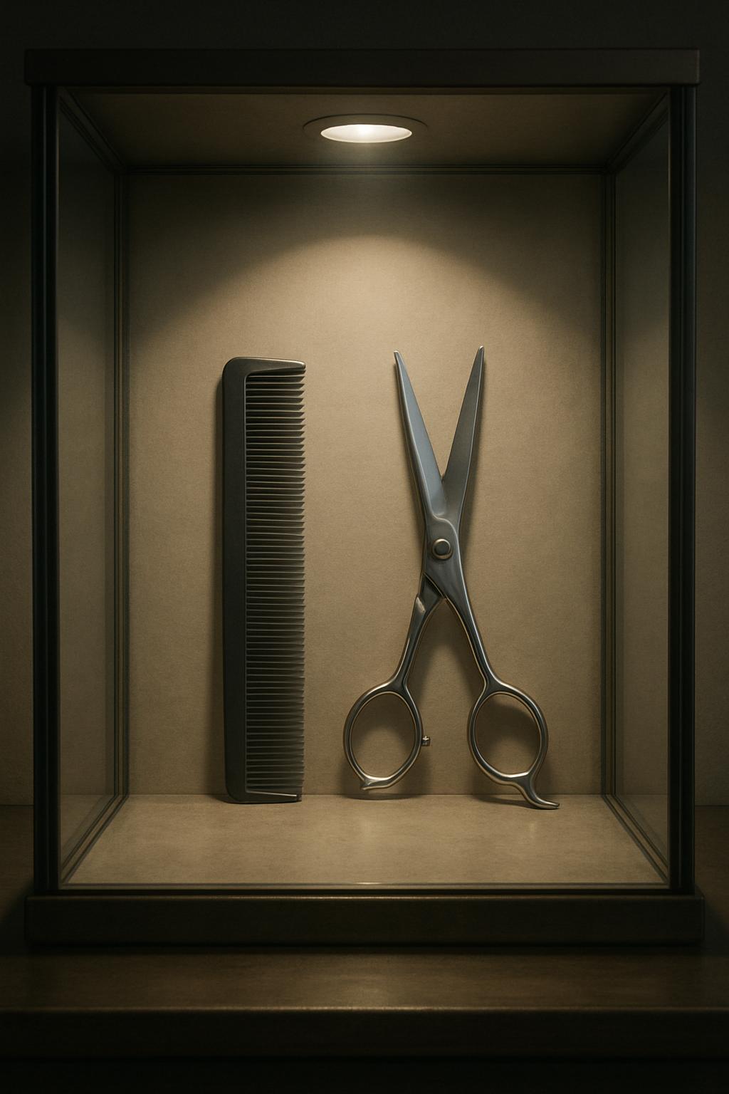 Key Attributes: * Image features a pair of scissors and a comb stored in a glass display case. * Enhance the visibility an...