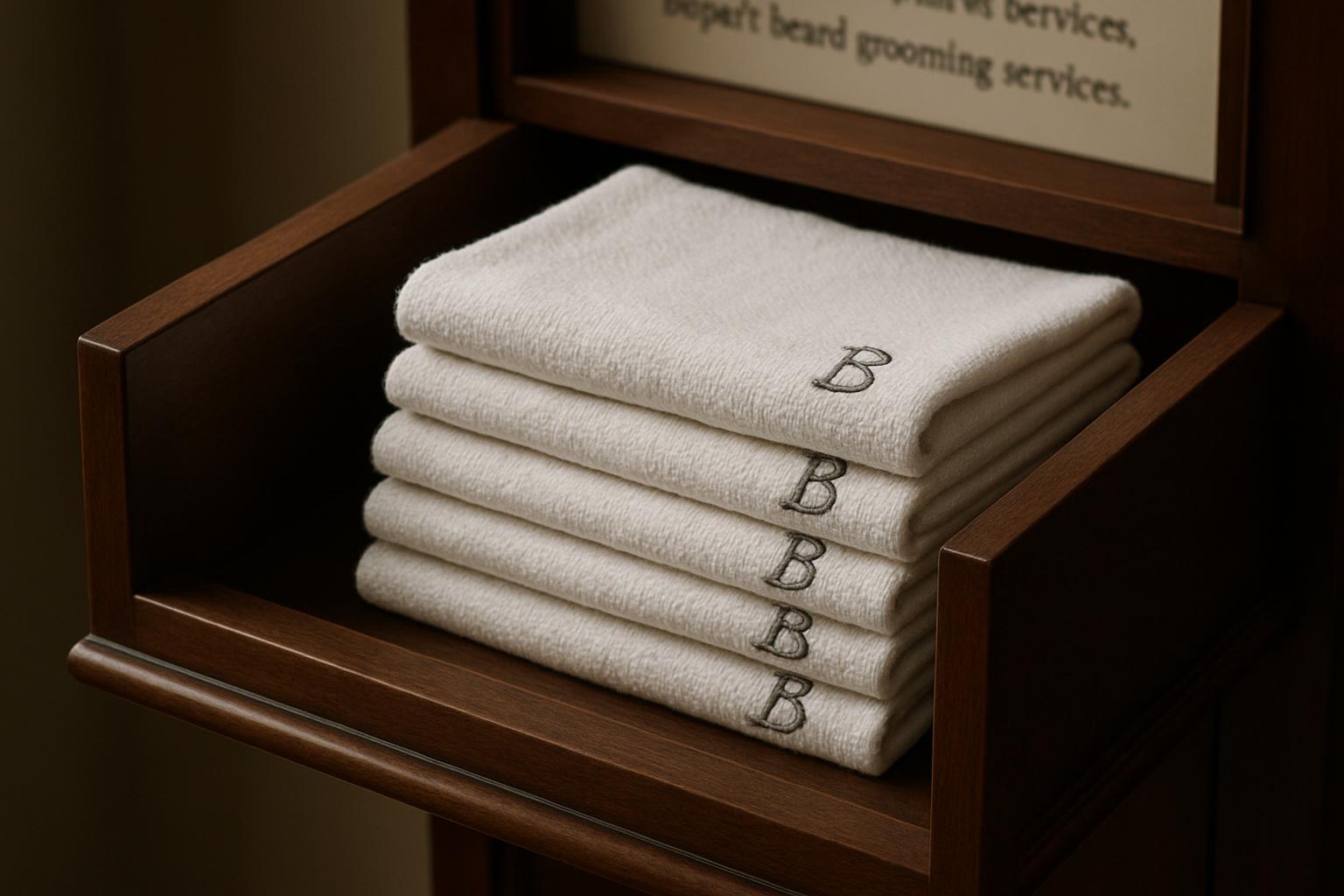 White hand towels with black embroidery and a stacked arrangement.